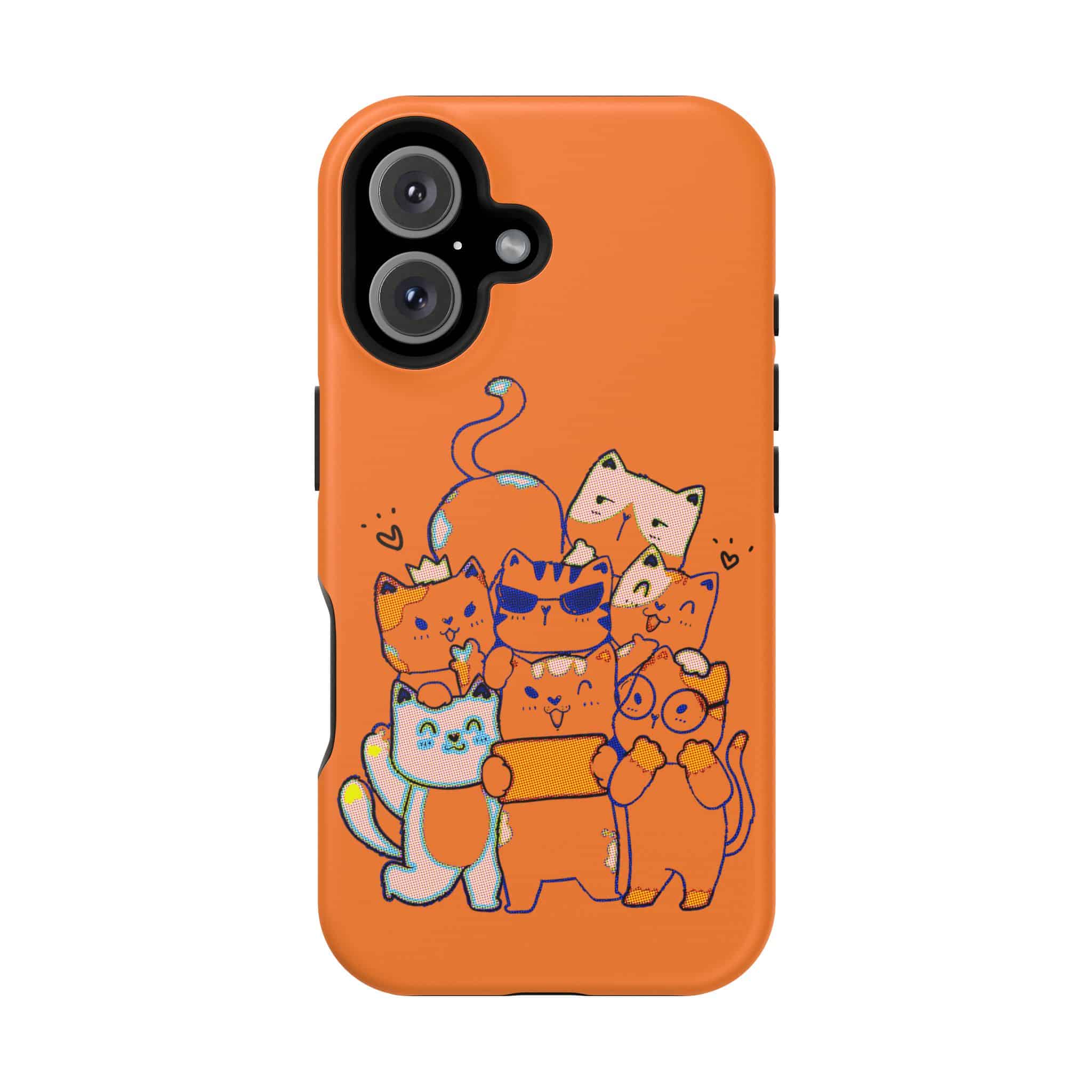 Cute cat-themed magnetic phone case with kawaii design for iPhone 16, MagSafe® compatible and full-wrap print